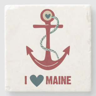 I Love Maine Red Anchor Stone Coaster