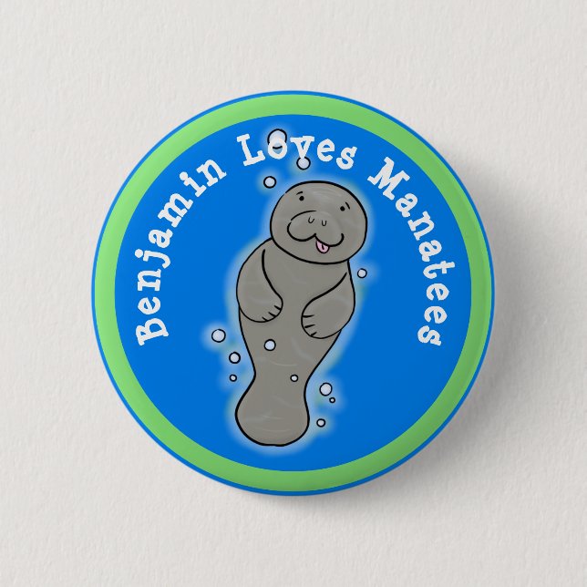 I love manatees cute cartoon illustration 2 inch round button (Front)