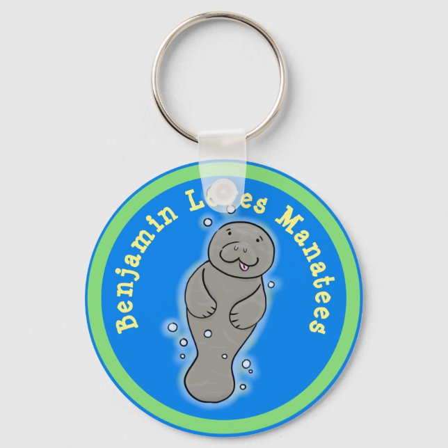 I love manatees cute cartoon illustration keychain (Front)