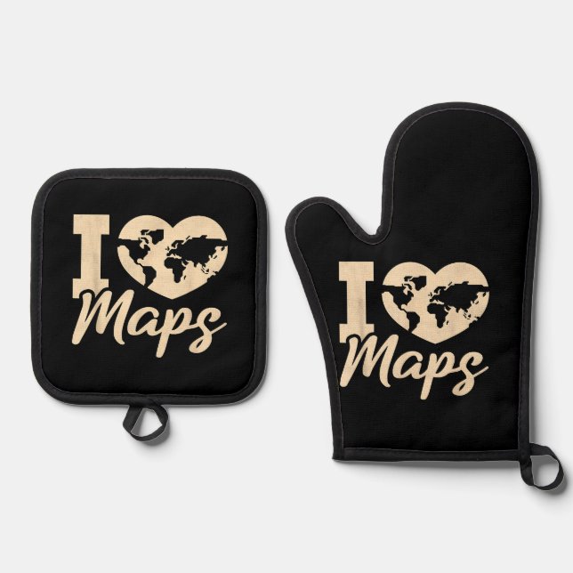 I Love Maps, Geography Oven Mitt & Pot Holder Set (Front)