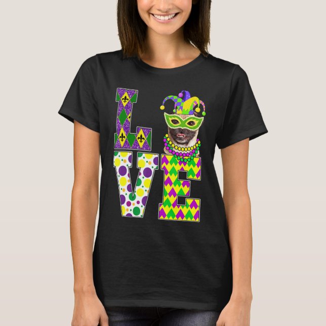 I Love Mardi Gras Pug Dog Funny Mask Festival T-Shirt (Front)