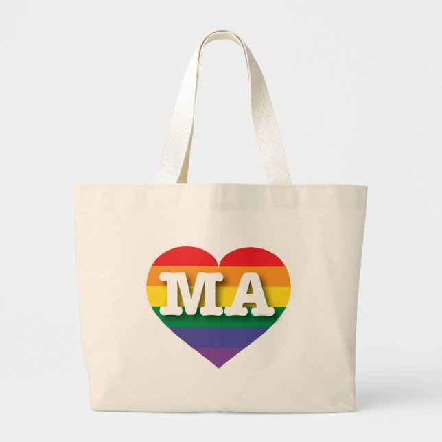I Love Massachusetts Rainbow Heart Large Tote Bag (Front)