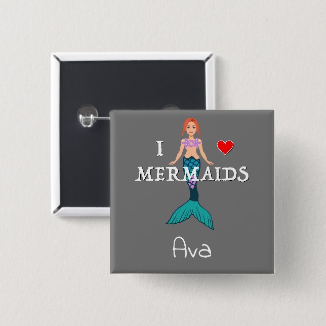I Love Mermaids Design - Square Magnet 2 Inch Square Button (Front & Back)