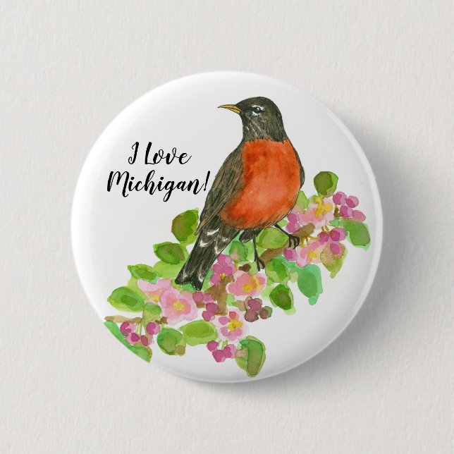 I Love Michigan American Robin 2 Inch Round Button (Front)