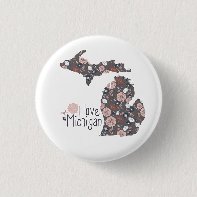 I Love Michigan Playful Floral Pink Brown Black 1 Inch Round Button (Front)