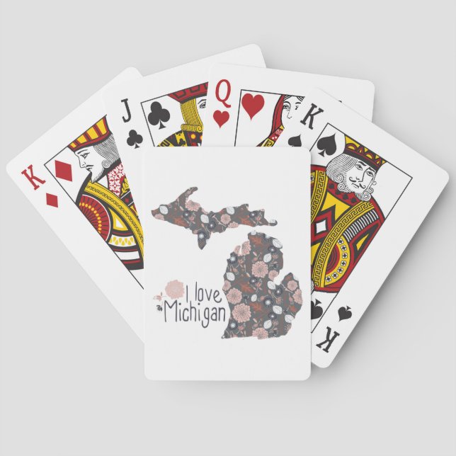I Love Michigan Playful Floral Pink Brown Black Playing Cards (Back)