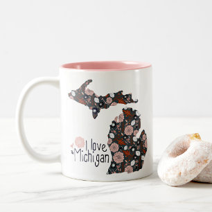 I Love Michigan Playful Floral Pink Brown Black Two-Tone Coffee Mug