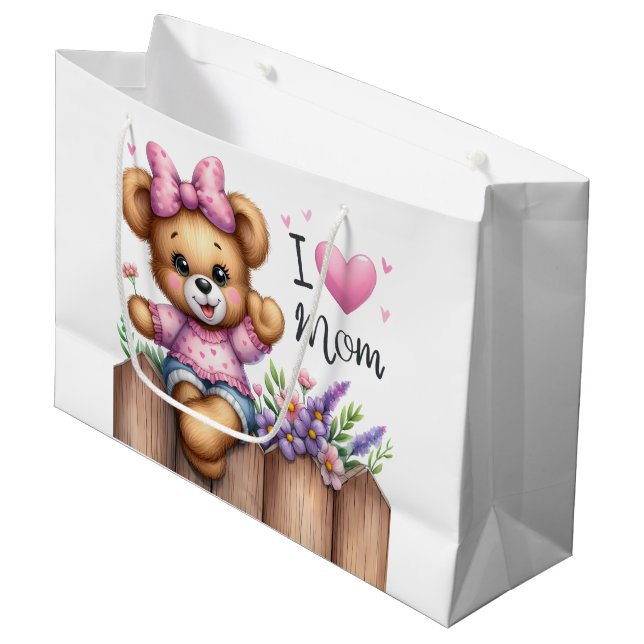 I Love Mom Bear Large Gift Bag (Front Angled)