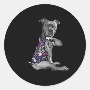 I Love Mom Funny Pitbull Dog Tattoo Flower Mothers Classic Round Sticker