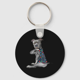 I Love Mom Funny Pitbull Dog Tattoo Flower Mothers Keychain
