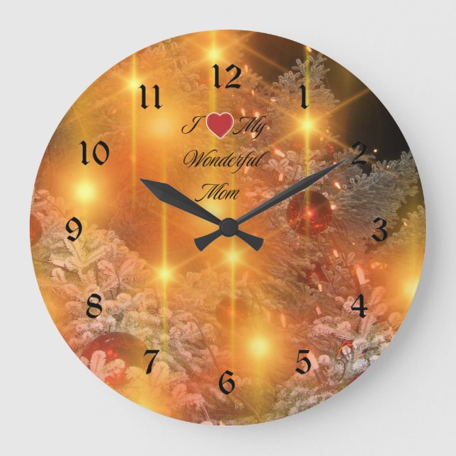 I Love Mom, Golden Christmas, Large Clock (Front)
