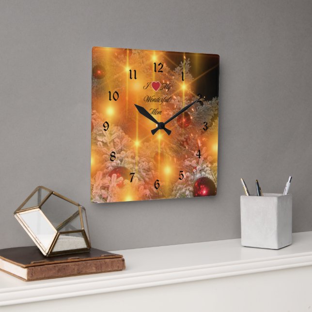 I Love Mom, Golden Christmas, Square Wall Clock (Office)
