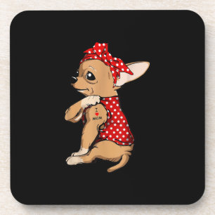 I Love Mom Tattoo Funny Chihuahua Dog Wearing Band Coaster