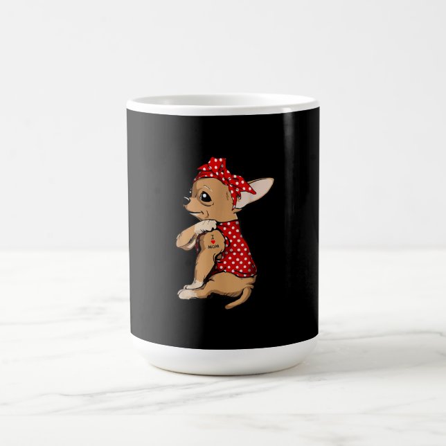 I Love Mom Tattoo Funny Chihuahua Dog Wearing Band Coffee Mug (Center)
