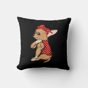 I Love Mom Tattoo Funny Chihuahua Dog Wearing Band Throw Pillow