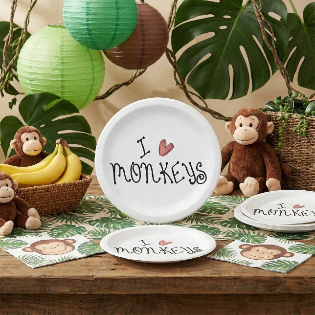I Love Monkeys Cute Handwritten Typography Paper Plate (Creator Uploaded)