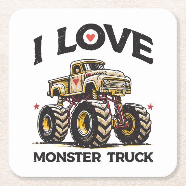 I Love Monster Truck Square Paper Coaster (Front)