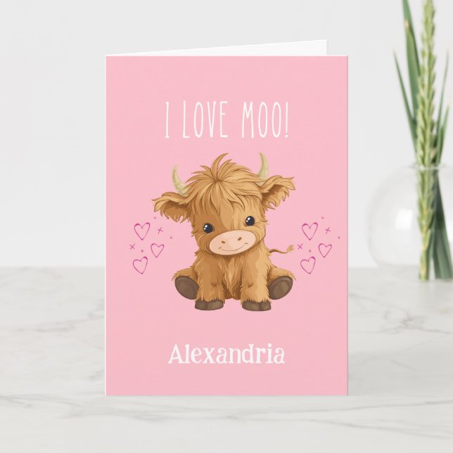 I love Moo Highland Cow Valentine Holiday Card (Front)