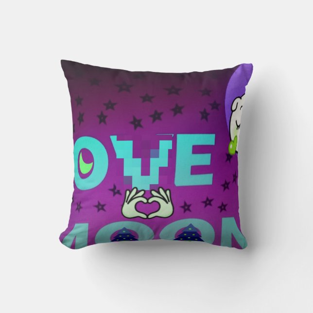 "I Love Moon" – A Whimsical Celestial Art Design Throw Pillow (Front)