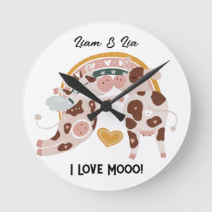 I Love Mooo Cute Cow Customized Gift Him Her   Round Clock
