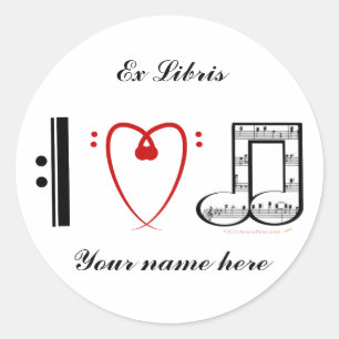 I Love Music (I heart notes) Ex Libris Bookplate Classic Round Sticker