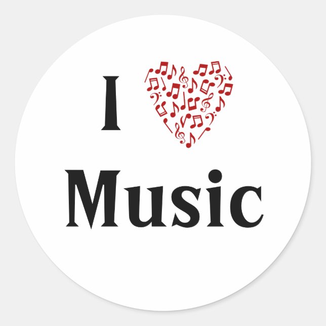 I Love Music Red Heart of Music Notes Classic Round Sticker (Front)