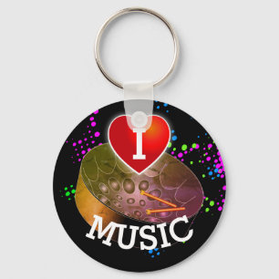 I Love Music with Heart and Pan   Black Background Keychain