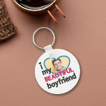 I love my beautiful boyfriend custom photo keychain<br><div class="desc">This lovely keychain is the ideal gift for any boyfriend or girlfriend in love on occasions such as Valentine's day or anniversaries. The caption reads "I love (heart) my BEAUTIFUL boyfriend" in black and dark pink modern fonts. Easily personalizable by adding a custom photo in a big heart-shaped blue frame....</div>