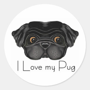 I Love My Black Pug Cute Black Pug and Love Quote Classic Round Sticker