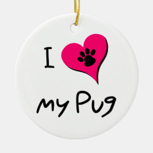 I Love My Black Pug Paw Print on Pink Heart Ceramic Ornament