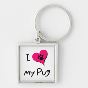 I Love My Black Pug Paw Print on Pink Heart Keychain