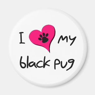I Love My Black Pug Paw Print on Pink Heart Magnet