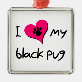 I Love My Black Pug Paw Print on Pink Heart Metal Ornament