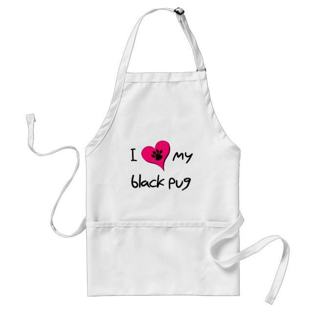 I Love My Black Pug Paw Print on Pink Heart Standard Apron (Front)