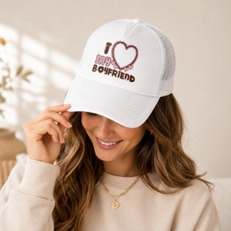I Love My Boyfriend Heart Brown Pink Hat