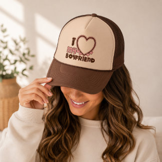 I Love My Boyfriend Heart Brown Pink Hat