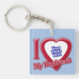 I Love My Boyfriend Photo Red Heart Baby Blue Keychain