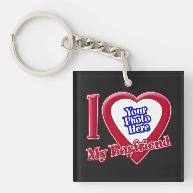 I Love My Boyfriend Photo Red Heart Black Keychain (Front)