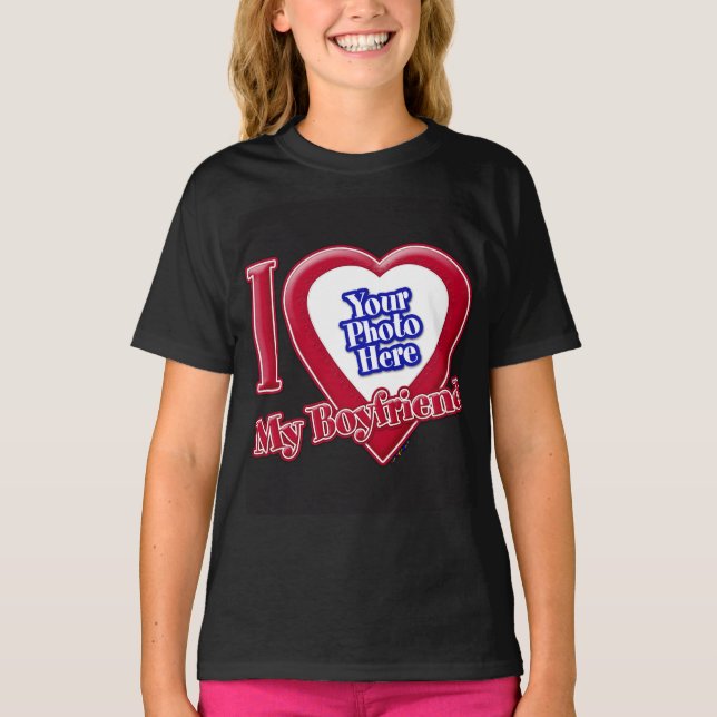 I Love My Boyfriend Photo Red Heart Black T-Shirt (Devant)