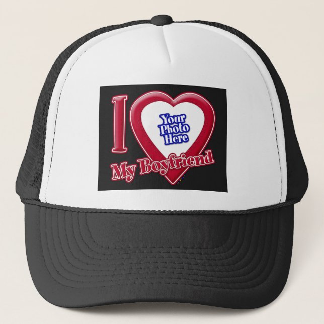 I Love My Boyfriend Photo Red Heart Black Trucker Hat (Front)