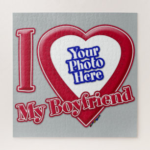 I Love My Boyfriend Photo Red Heart Grey Jigsaw Puzzle