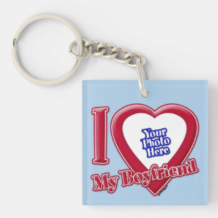 I Love My Boyfriend Photo Red Heart Light Blue Keychain