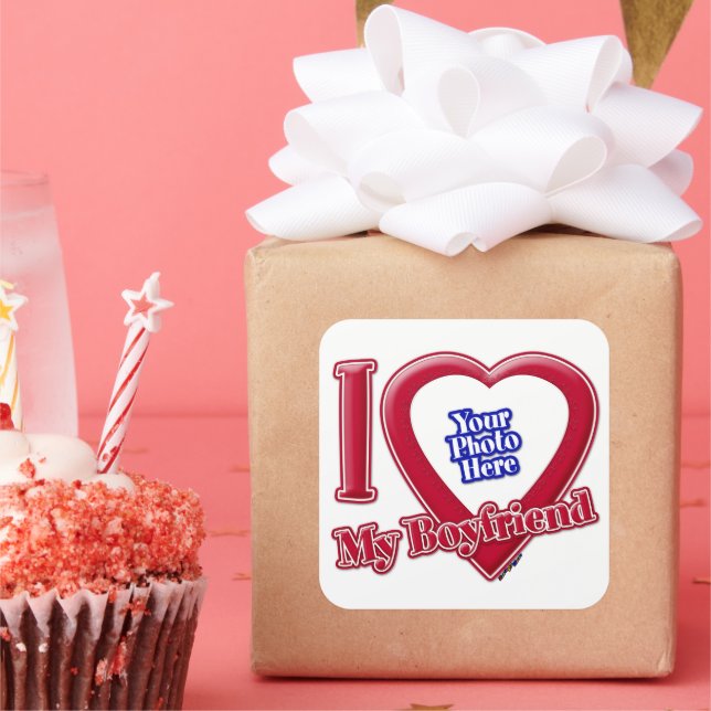 I Love My Boyfriend Photo Red Heart Square Sticker (Party)