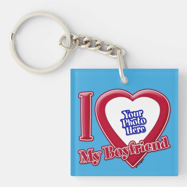 I Love My Boyfriend Photo Red Heart Teal Keychain (Front)