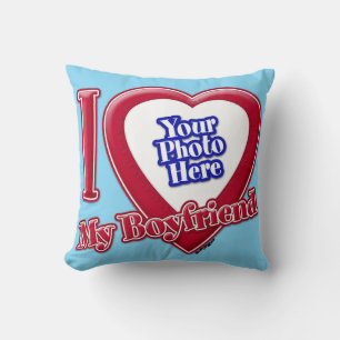 I Love My Boyfriend Photo Red Heart Turquoise Throw Pillow