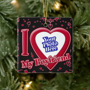 I Love My Boyfriend Photo Red Hearts Black Ceramic Ornament