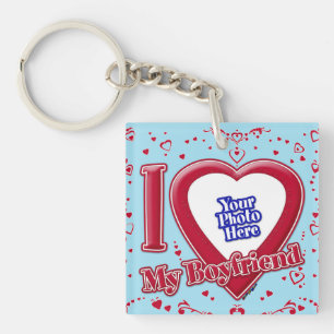 I Love My Boyfriend Photo Red Hearts Blue Horizon Keychain