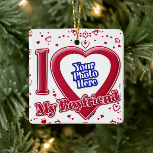 I Love My Boyfriend Photo Red Hearts Ceramic Ornament