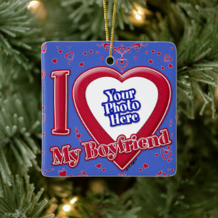 I Love My Boyfriend Photo Red Hearts Deep Royal Bl Ceramic Ornament