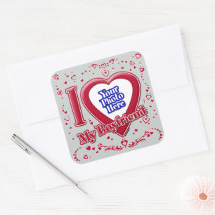 I Love My Boyfriend Photo Red Hearts Grey Square Sticker